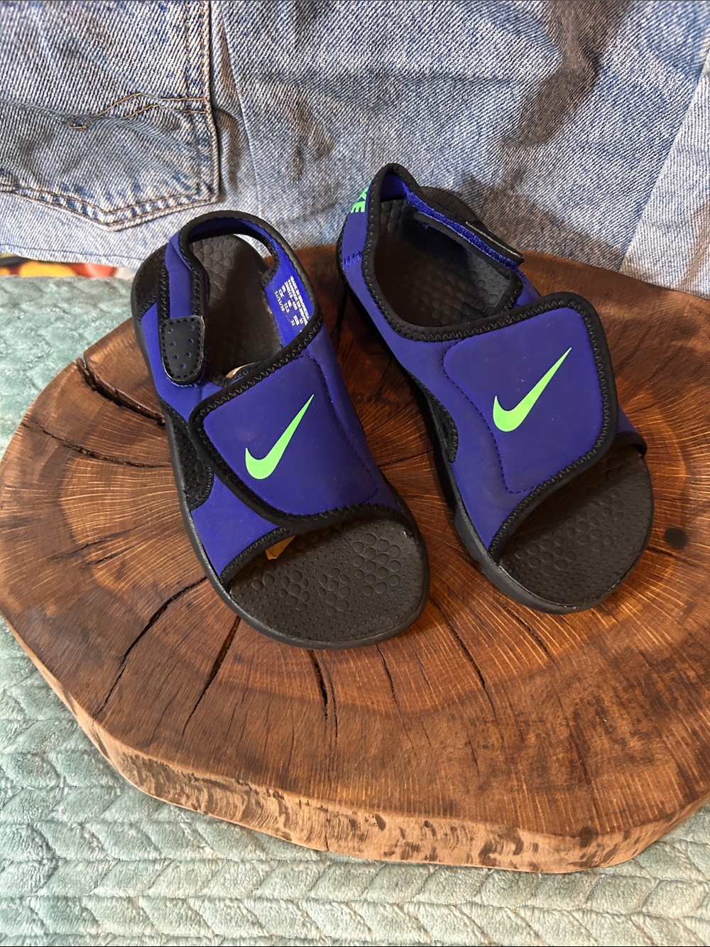 Nike Kids Blue Sandals with Lime Swoosh
